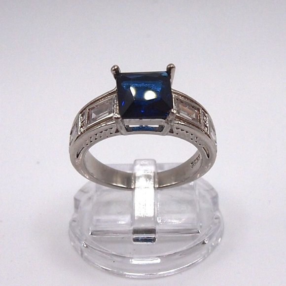 Ladies Large Blue Sapphire Princess Cut Bridal Ring .925 Solid Sterling Silver - Picture 6 of 12